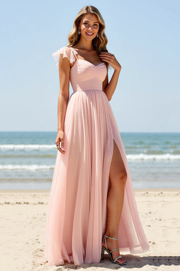 A Line Tulle Blush Bridesmaid Dress with Slit